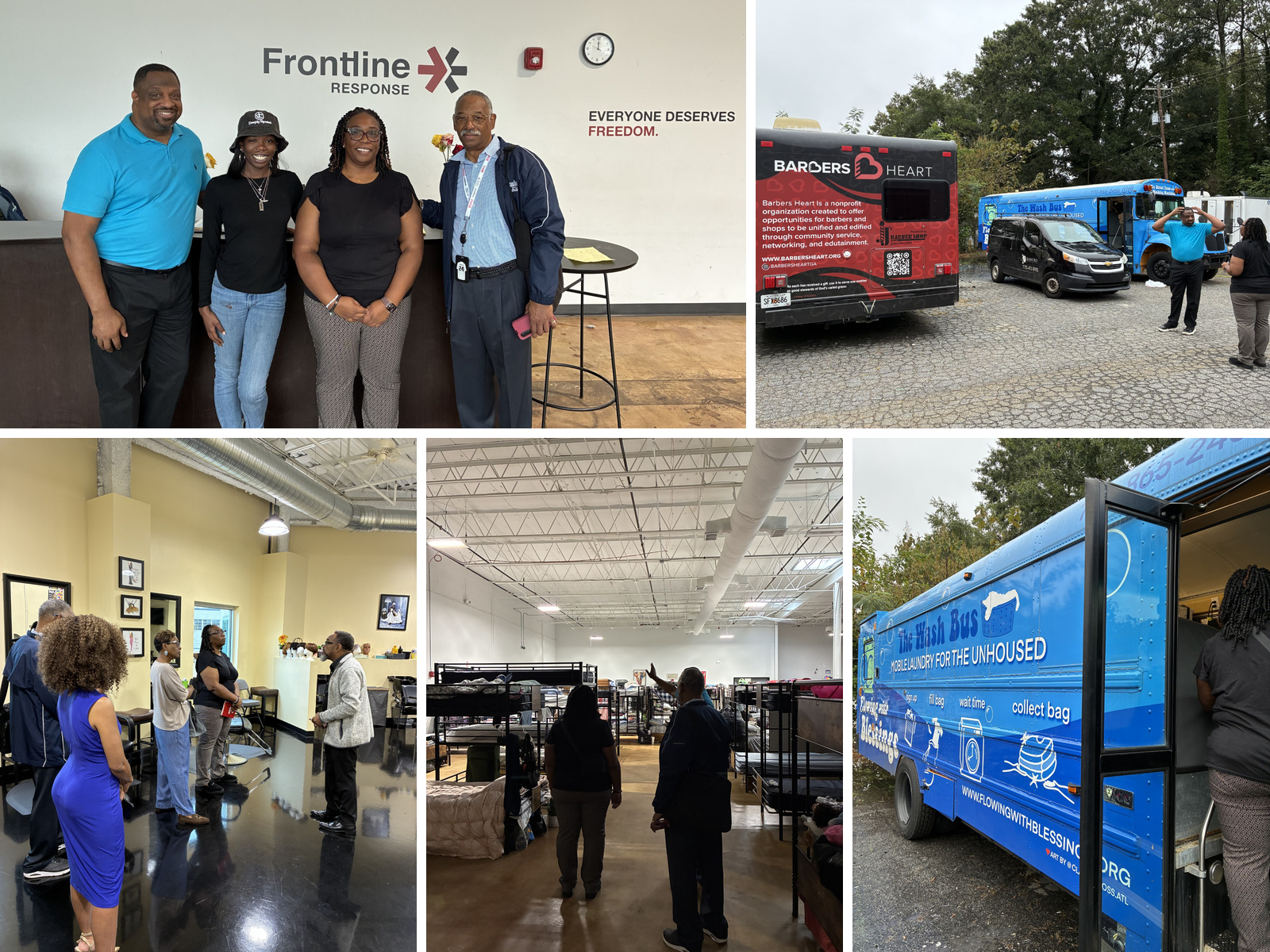 Five-photo collage from Commissioner Chakira Johnson’s Oct. 5 visits to the South DeKalb Day Center at New Life Community Alliance and Frontline Response. Images show Johnson and community partners at Frontline Response, Barbers Heart and The Wash Bus mobile-service vehicles, a tour of a salon and grooming area, rows of shelter beds, and The Wash Bus mobile laundry vehicle.