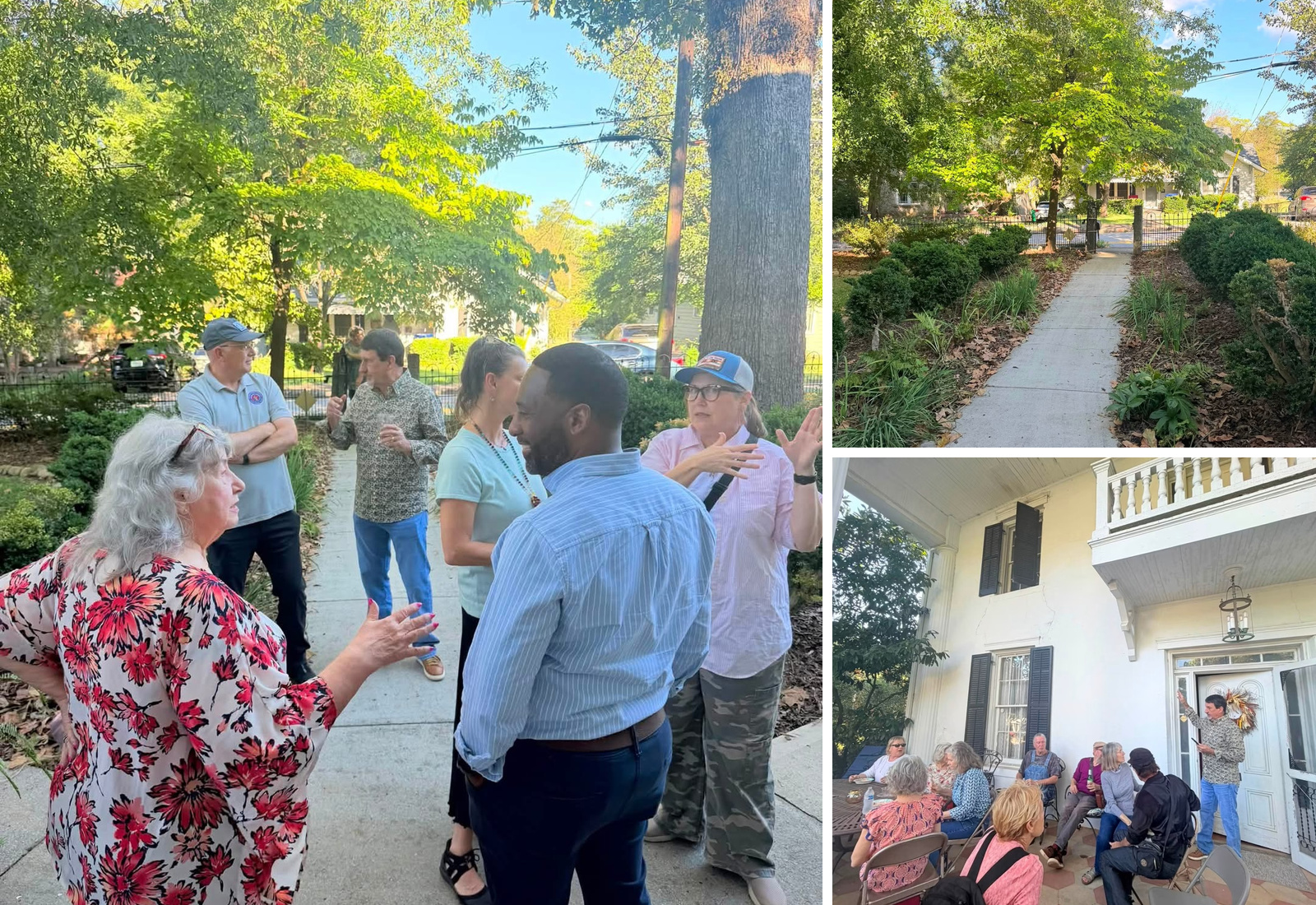 Three-photo collage from the Stone Mountain Historical Society Porch Party. Left: community members gather and talk along a shaded garden walkway. Top right: a landscaped path leads through the historic property’s grounds. Bottom right: guests sit together on the porch of a historic home while a speaker addresses the group.