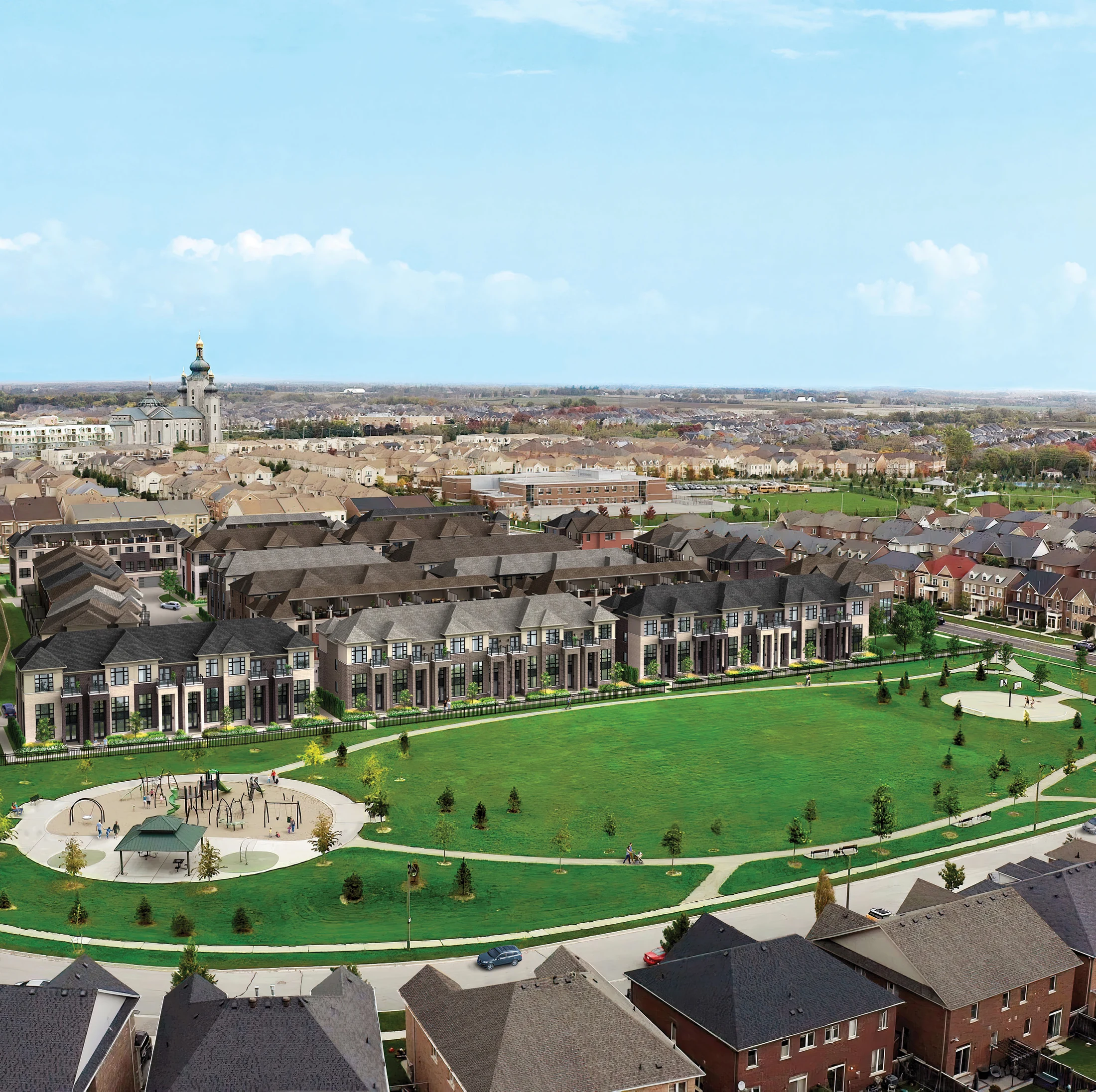 Five Oaks aerial community view beside green space