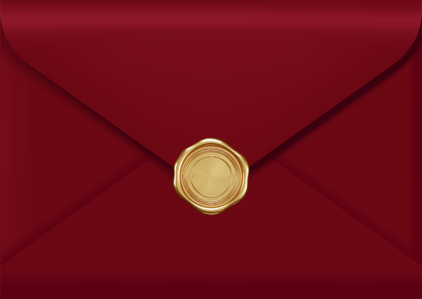 Closed Burgundy Wedding Envelope with Gold Wax Seal