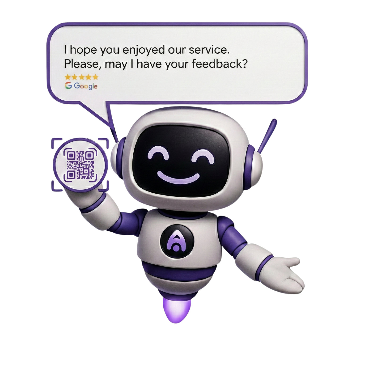 Ainora review robot holding a QR code and asking for Google feedback