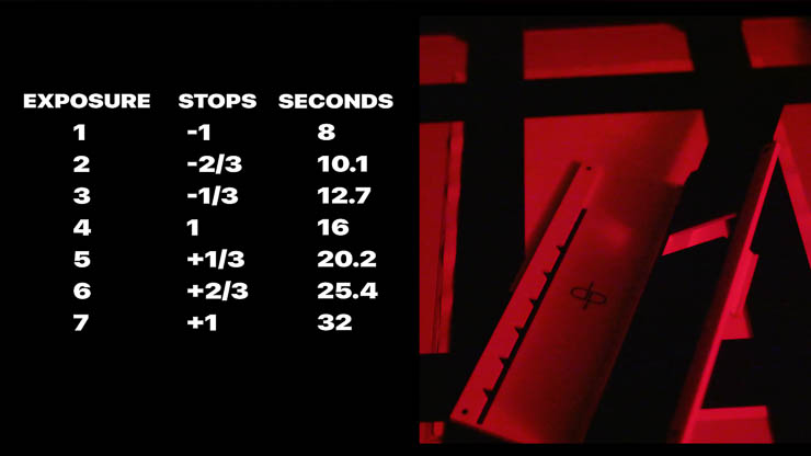 Perfect Test Strip Printer under safelight beside a darkroom exposure chart showing one-third stop test strip increments from 8 to 32 seconds with 16 seconds as the base exposure Perfect Test Strip Printer under safelight beside a darkroom exposure chart showing one-third stop test strip increments from 8 to 32 seconds with 16 seconds as the base exposure