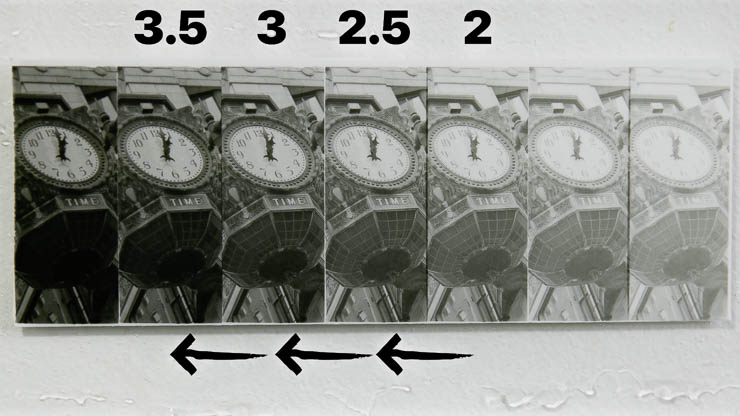 Darkroom test strip made with the Perfect Test Strip Printer comparing filter grades 3.5 to 2, showing shadows getting deeper and blacker toward the left to choose the best shadow contrast Darkroom test strip made with the Perfect Test Strip Printer comparing filter grades 3.5 to 2, showing shadows getting deeper and blacker toward the left to choose the best shadow contrast