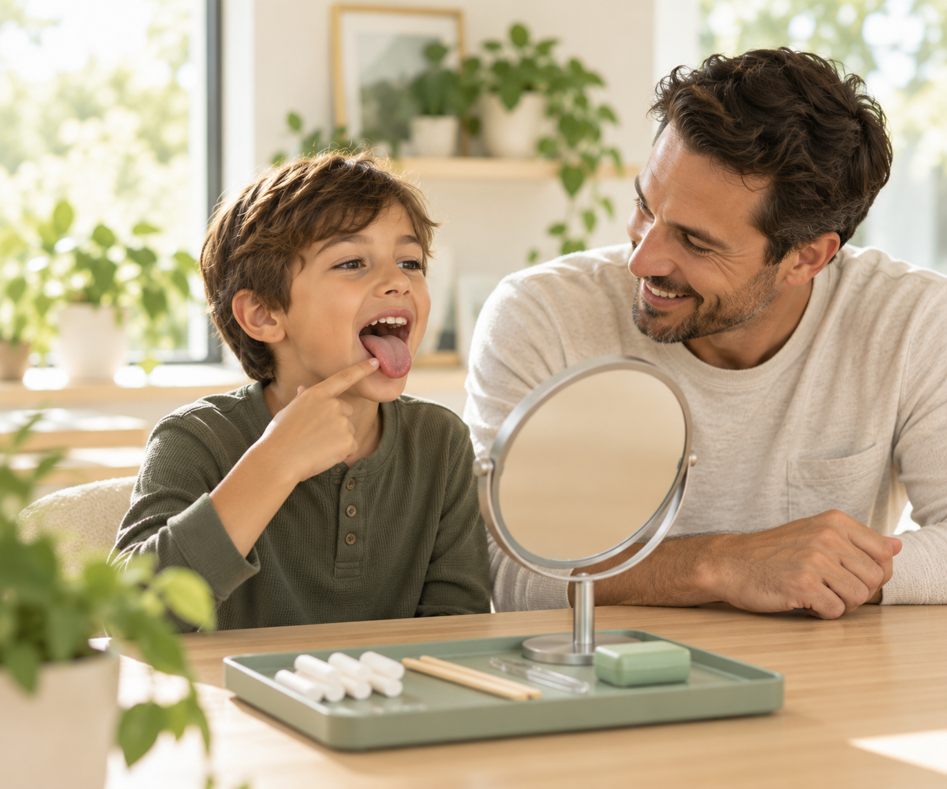 Boy practicing a tongue exercise in front of a mirror with a smiling adult beside him