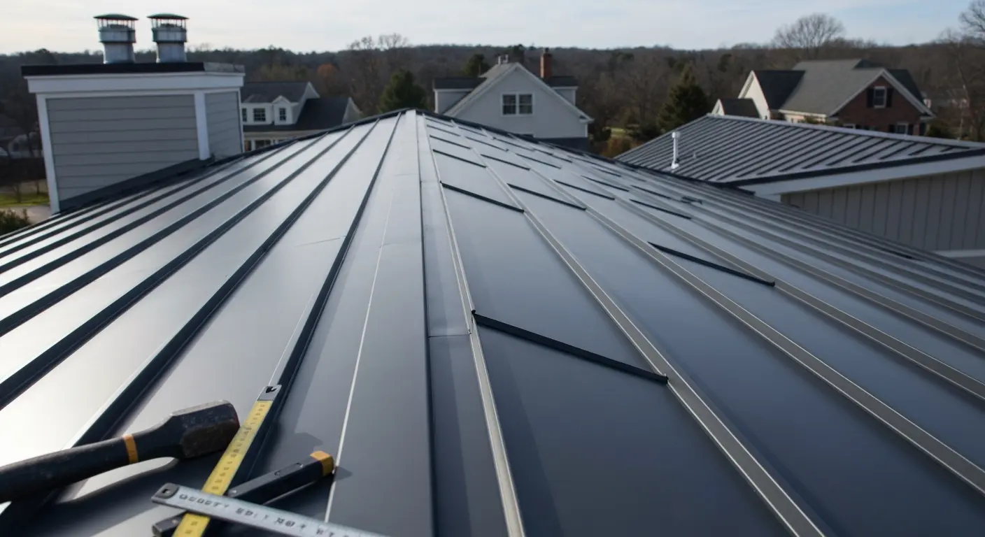 Metal roof installation on contemporary home