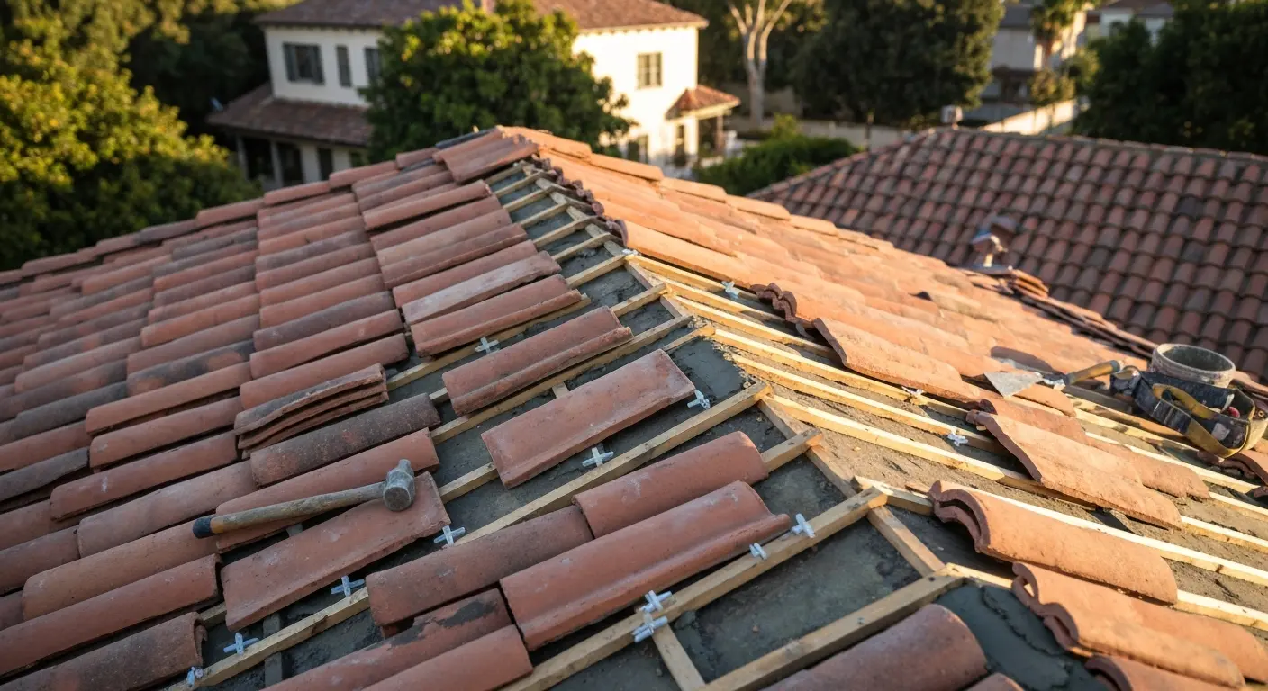 Clay tile roof repair on historic Orange home