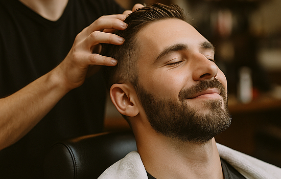 Mann genießt entspannende Kopfmassage im Herrensalon Pratteln Coiffeur