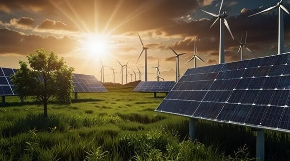 Commercial solar panels installed on office rooftop for renewable energy Shows how businesses use solar power to reduce energy costs. Wind turbines generating clean energy for corporate operations Highlights wind energy contributing to business sustainability. Business executives reviewing renewable energy strategy and cost savings Depicts planning and decision-making for sustainable business practices. Modern energy storage system supporting a business facility Illustrates advanced energy storage improving operational efficiency. Corporate building powered by solar and wind energy Communicates the competitive advantage of using renewable energy. Infographic showing benefits of renewable energy for businesses Useful if you include charts or diagrams in your blog.