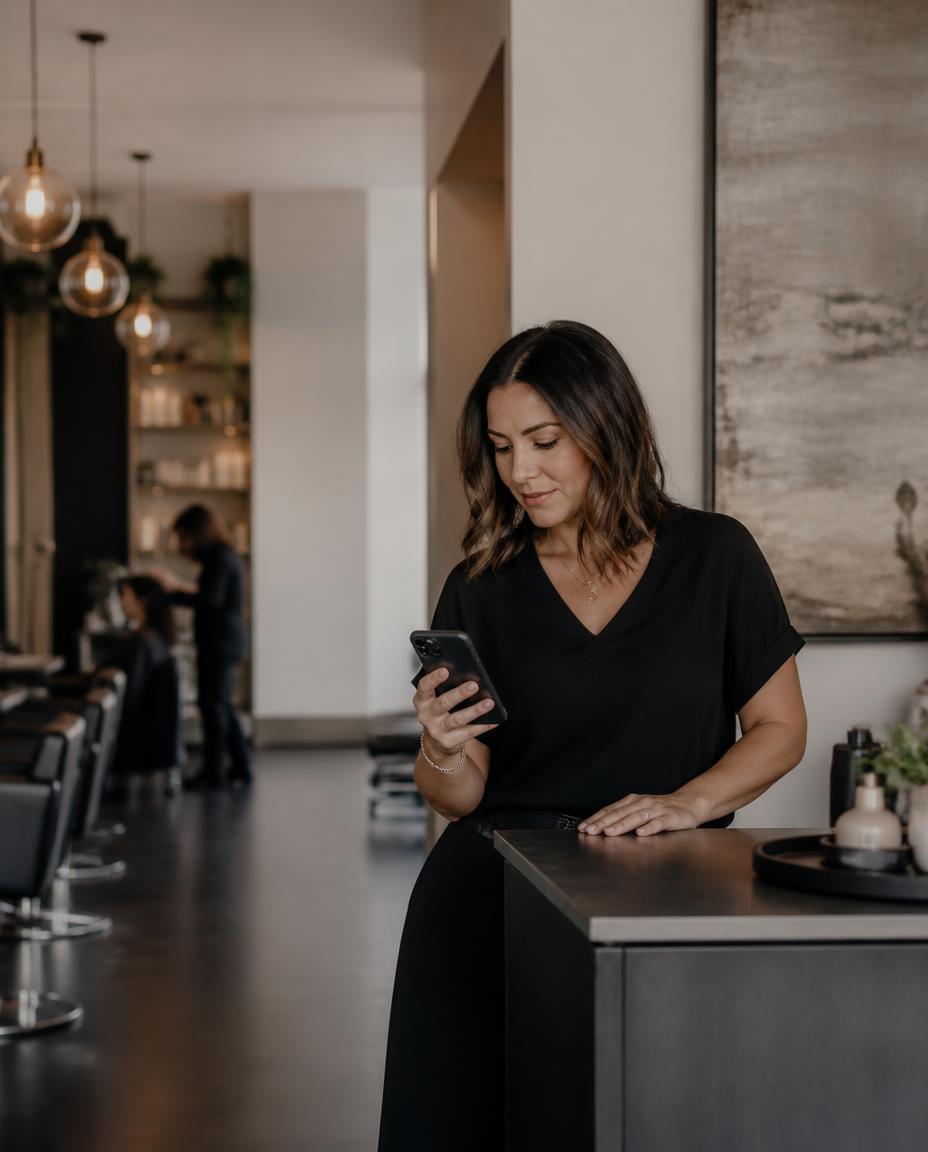 A tidy small-business reception area with a clean counter, appointment book, and phone, the everyday environment Ignite helps run.