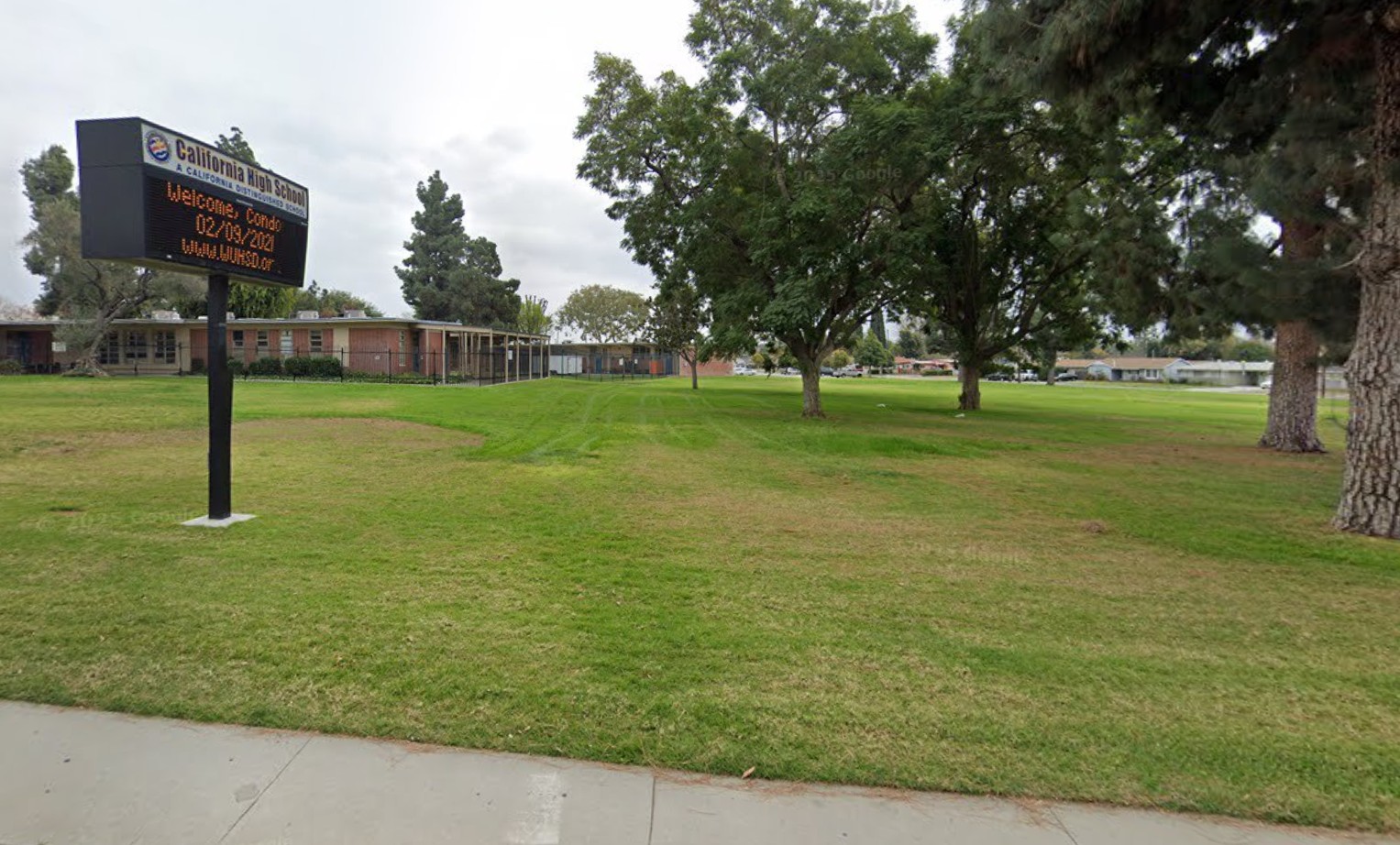 California High School campus entrance and lawn in Whittier, CA near homes for sale and local real estate.