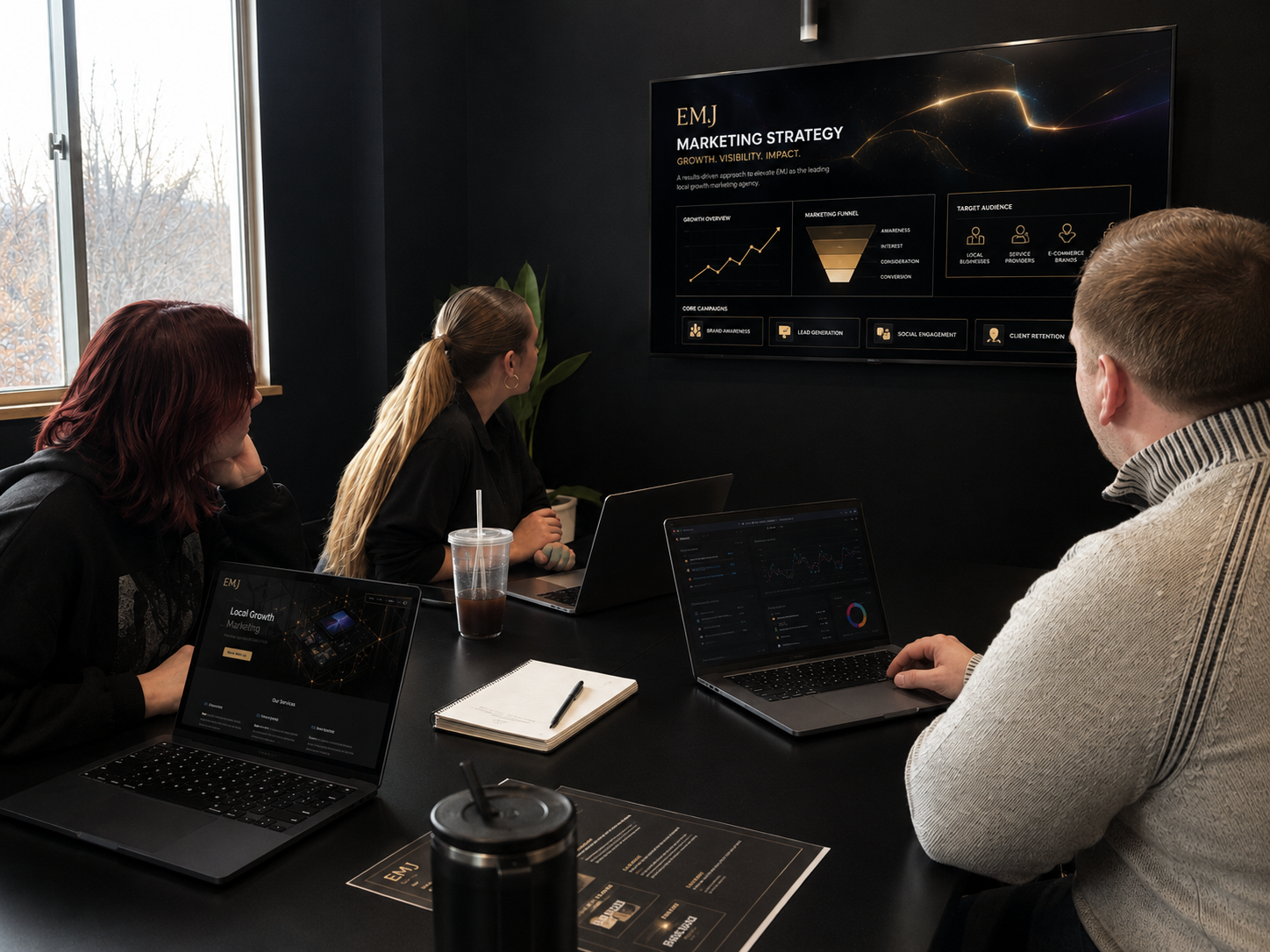EMJ Marketing Group founders Justin Rairdon, Ella Countryman, and Mak Witucki collaborating on client growth strategy