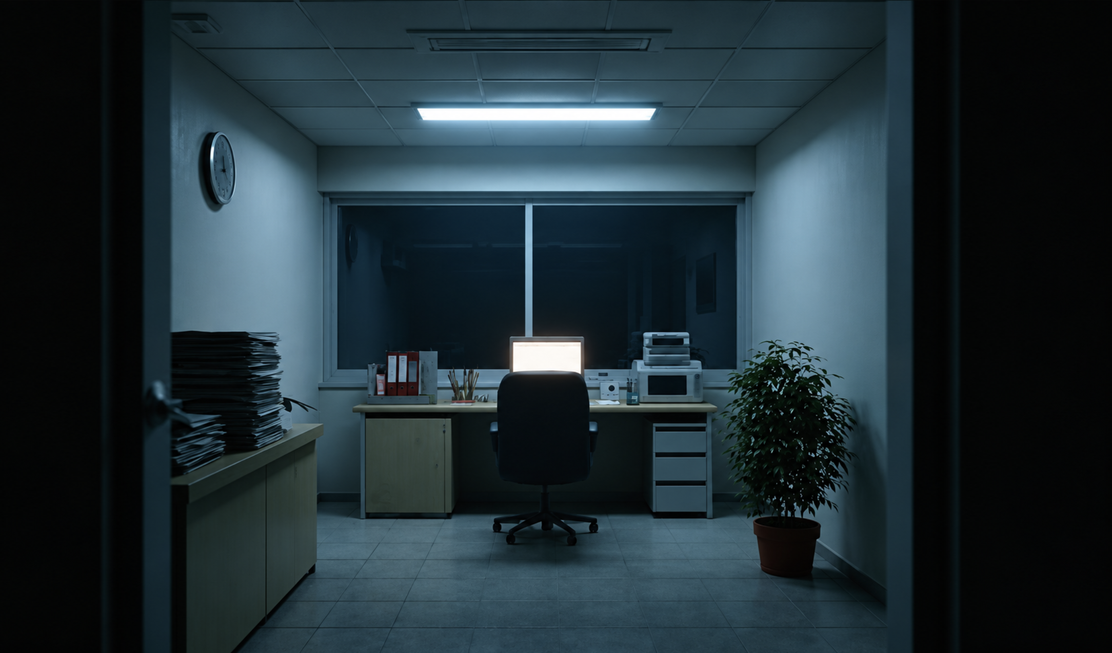 Quiet office with glowing computer screen and desk chair, cover image for "What Are We Actually Making More Time For?"