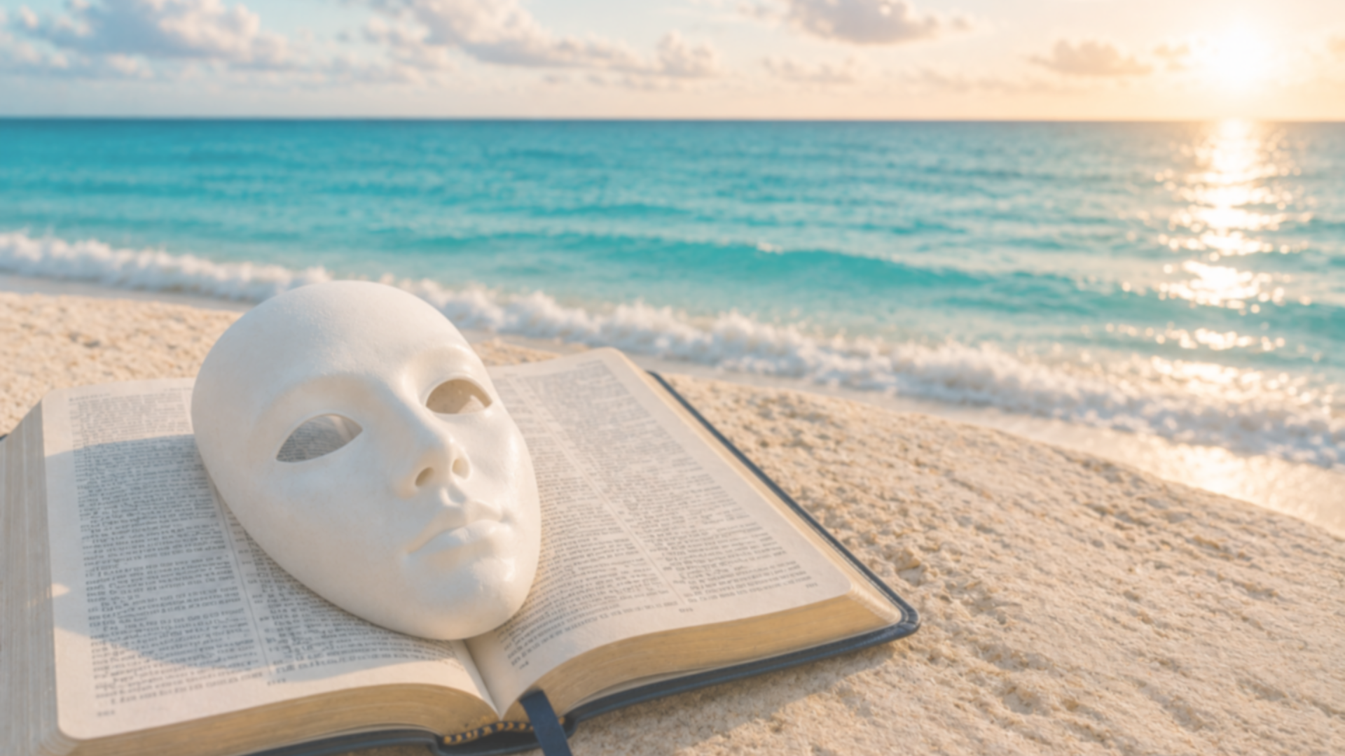 White mask resting on an open Bible beside the ocean White mask resting on an open Bible beside the ocean