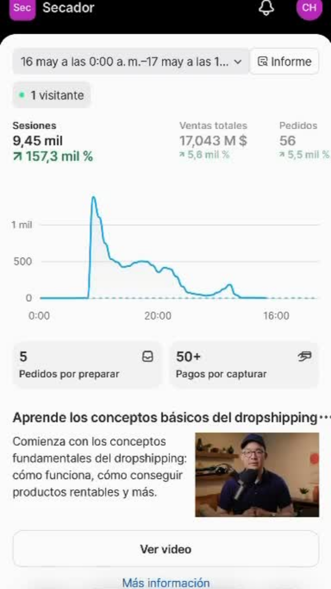Captura del panel de ventas de una tienda en Shopify