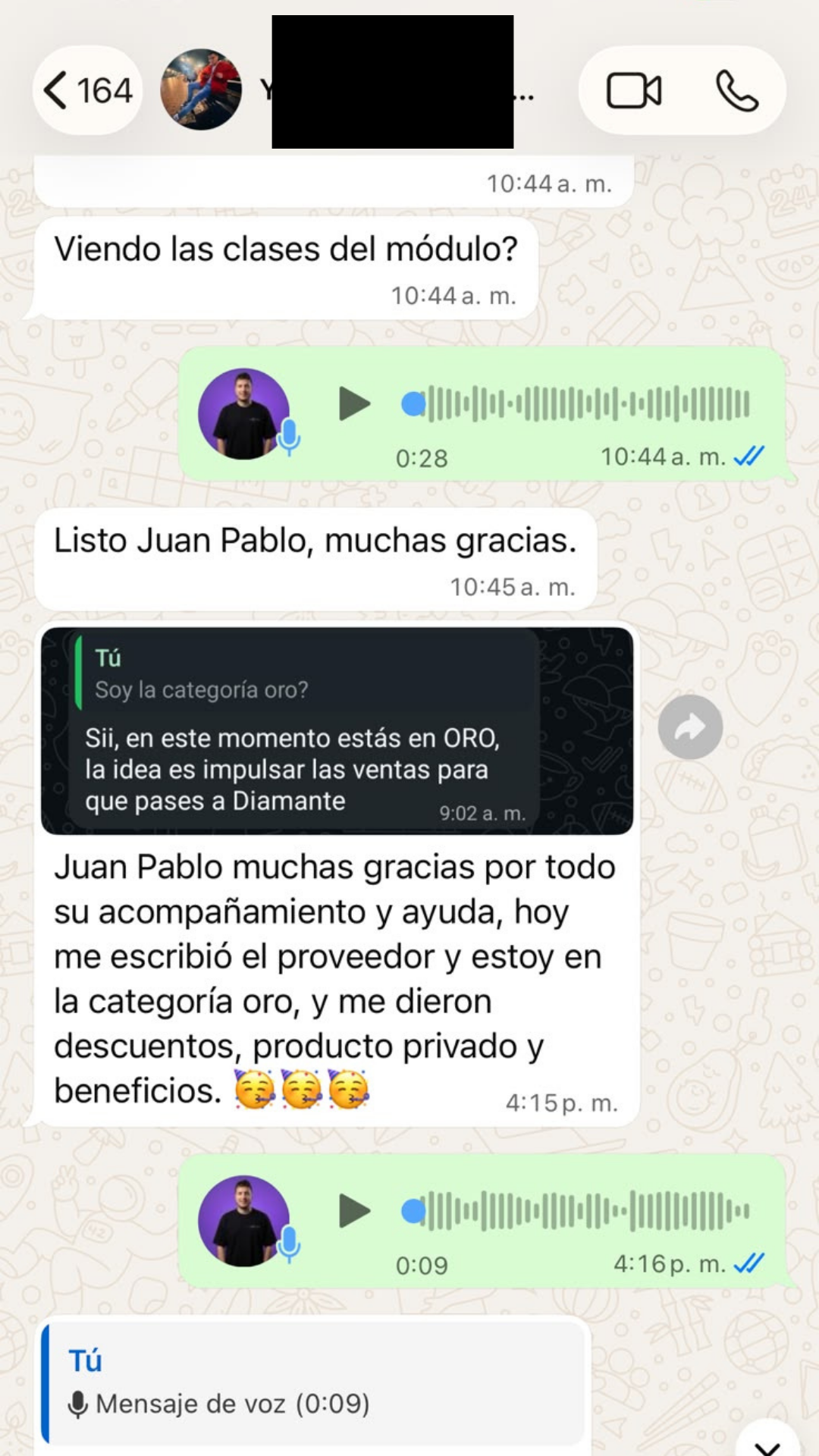 Mensaje de WhatsApp de un alumno sobre su avance con el proveedor