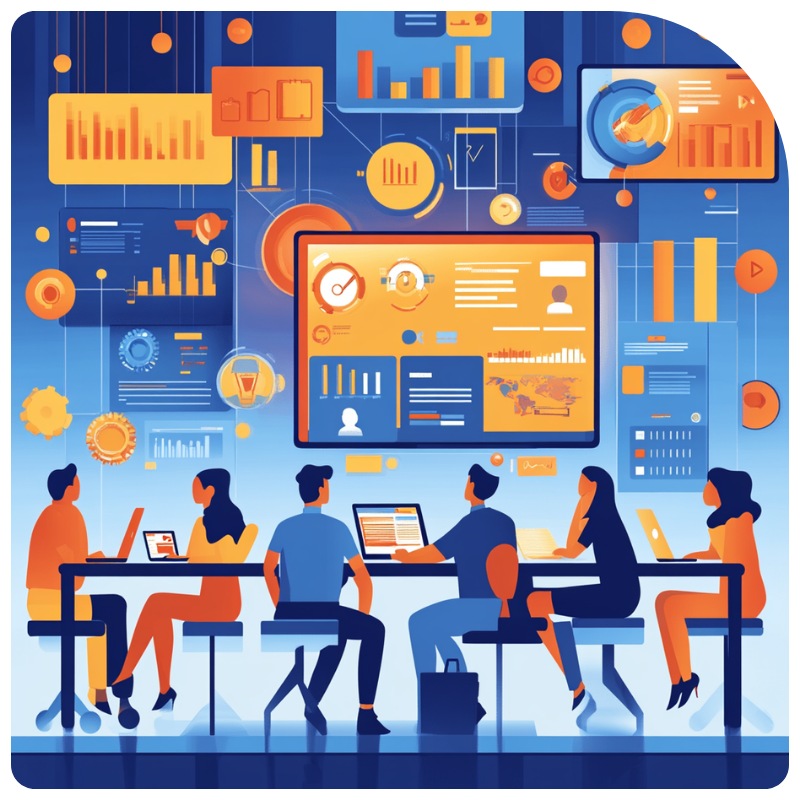 Modern Orange County office with animated graphs showing small business growth and digital customer journeys