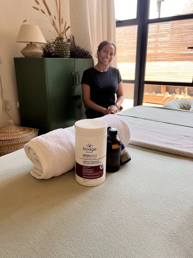 Elaine's one-to-one treatment room at Stockwell Green, with the massage table and tools set out