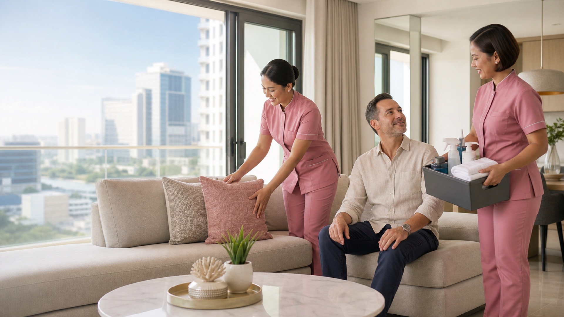 Professional Filipino condo care provider helping an American client in Cebu