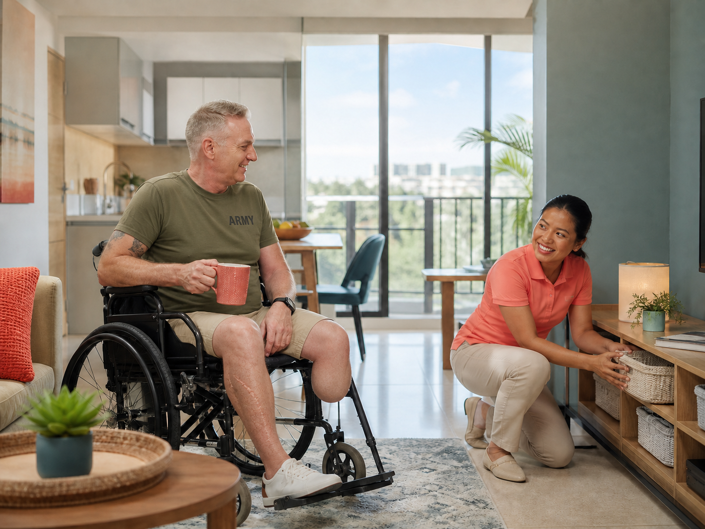 American Army veteran wheelchair user with a below-knee amputation receiving respectful household support in Cebu
