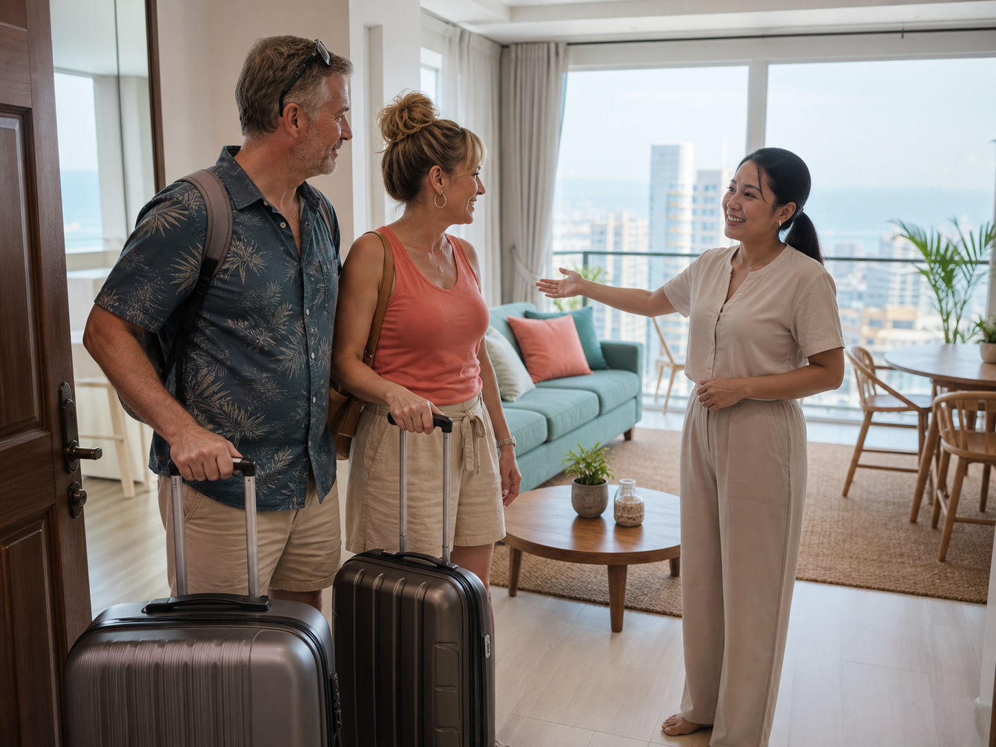 American vacationers welcomed to a prepared Cebu condo by a Filipino condo care provider