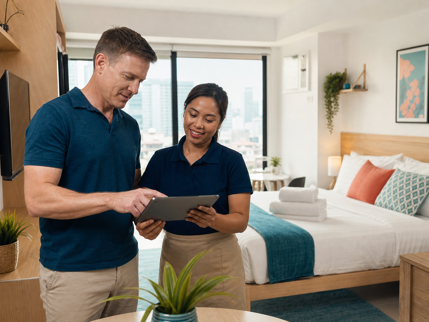 American Airbnb owner reviewing a turnover with a Filipino cleaning provider