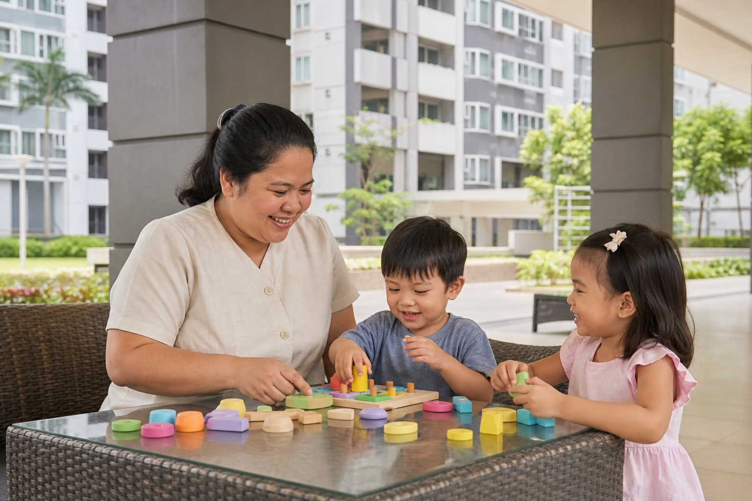 Plus-size Filipina babysitter supervising two children in the pillar common area at Avida Towers Cebu
