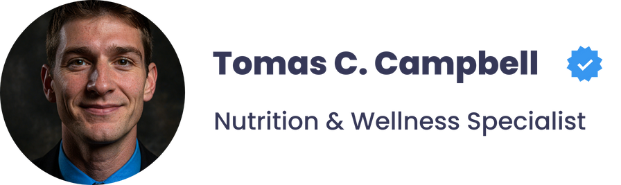 Portrait of Tomas with text: "Tomas C. Campbell Nutrition & Wellness Specialist".