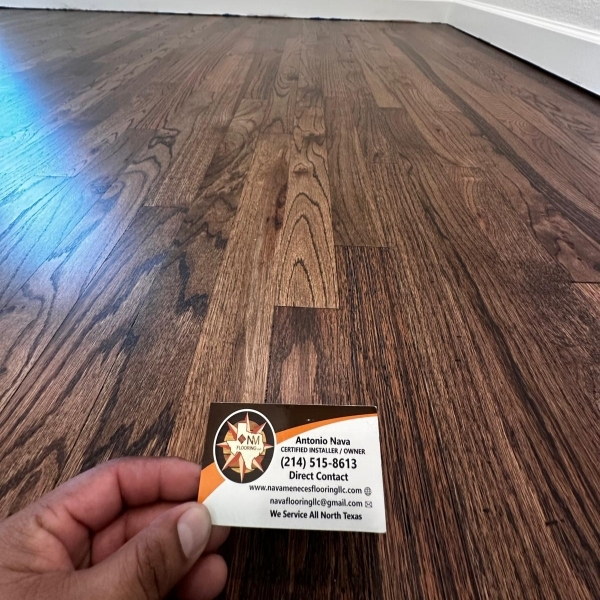 Stain color matching during hardwood floor refinishing Dallas, TX for seamless style.