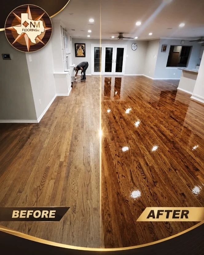 Hardwood floor refinishing comparison showing the before side and glossy after result for an NM Flooring LLC project.