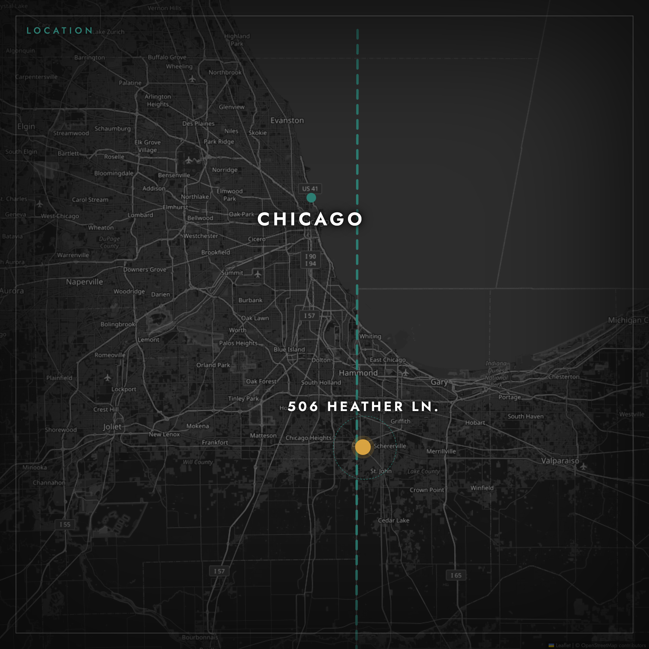 Map showing 506 Heather Ln in Dyer, Indiana relative to downtown Chicago and the Illinois state line