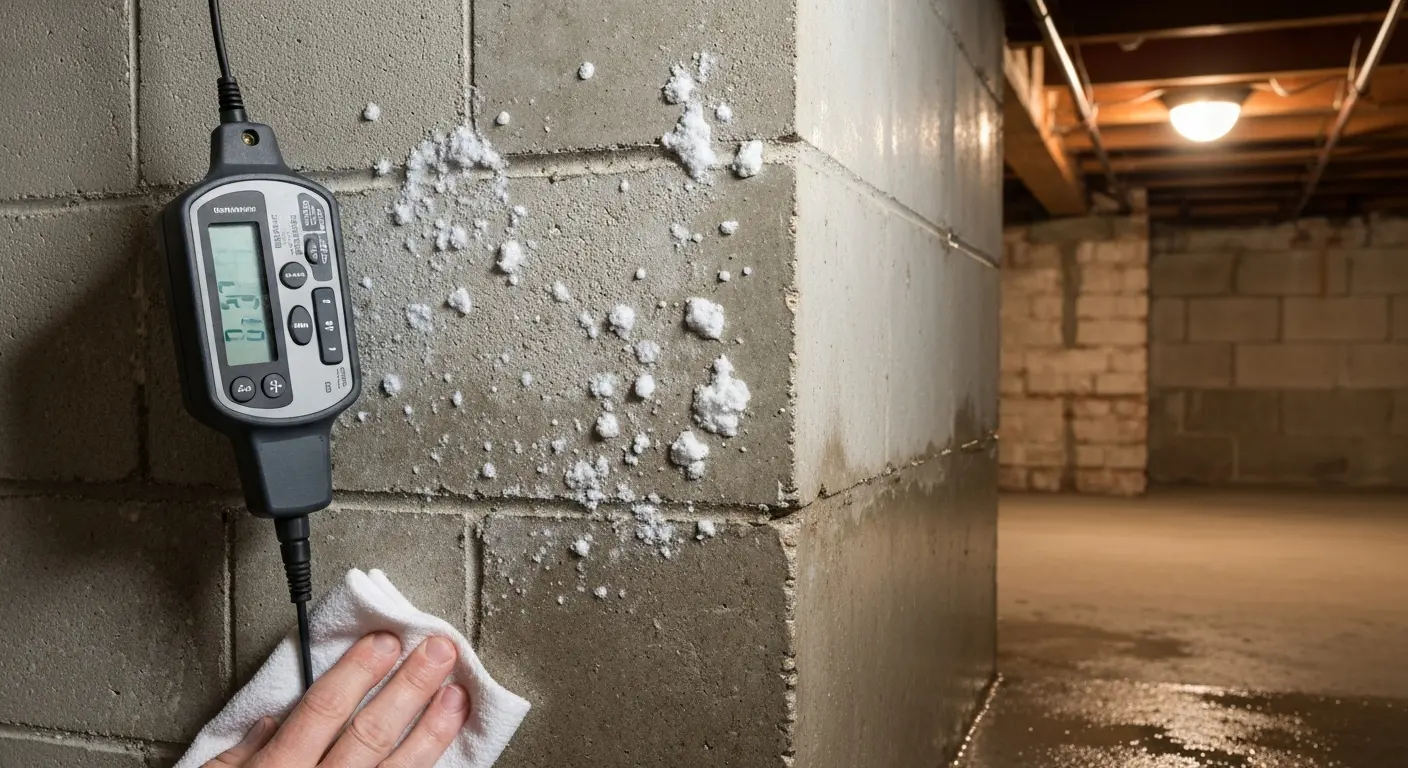 Damp basement wall showing moisture damage