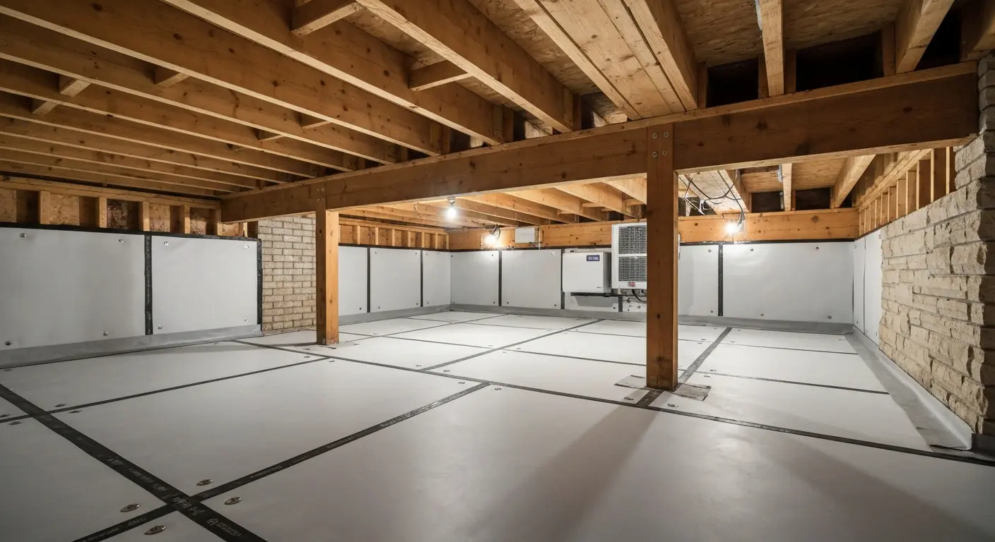 Crawl space encapsulation with moisture barrier installed