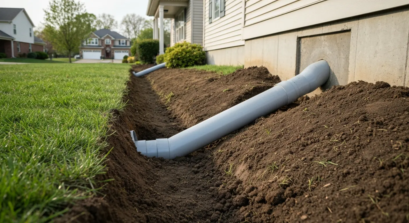 Discharge line installation along foundation