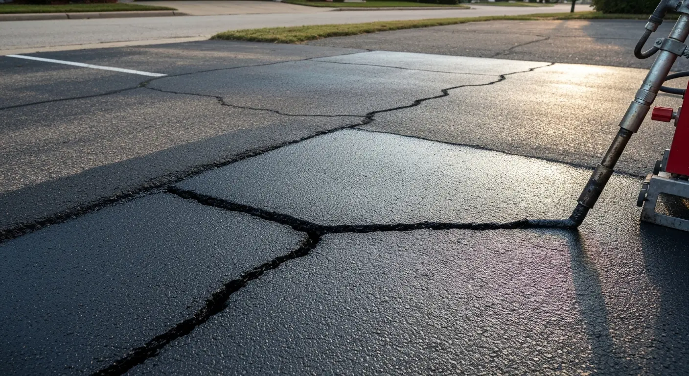 Hot rubber crack filling in asphalt