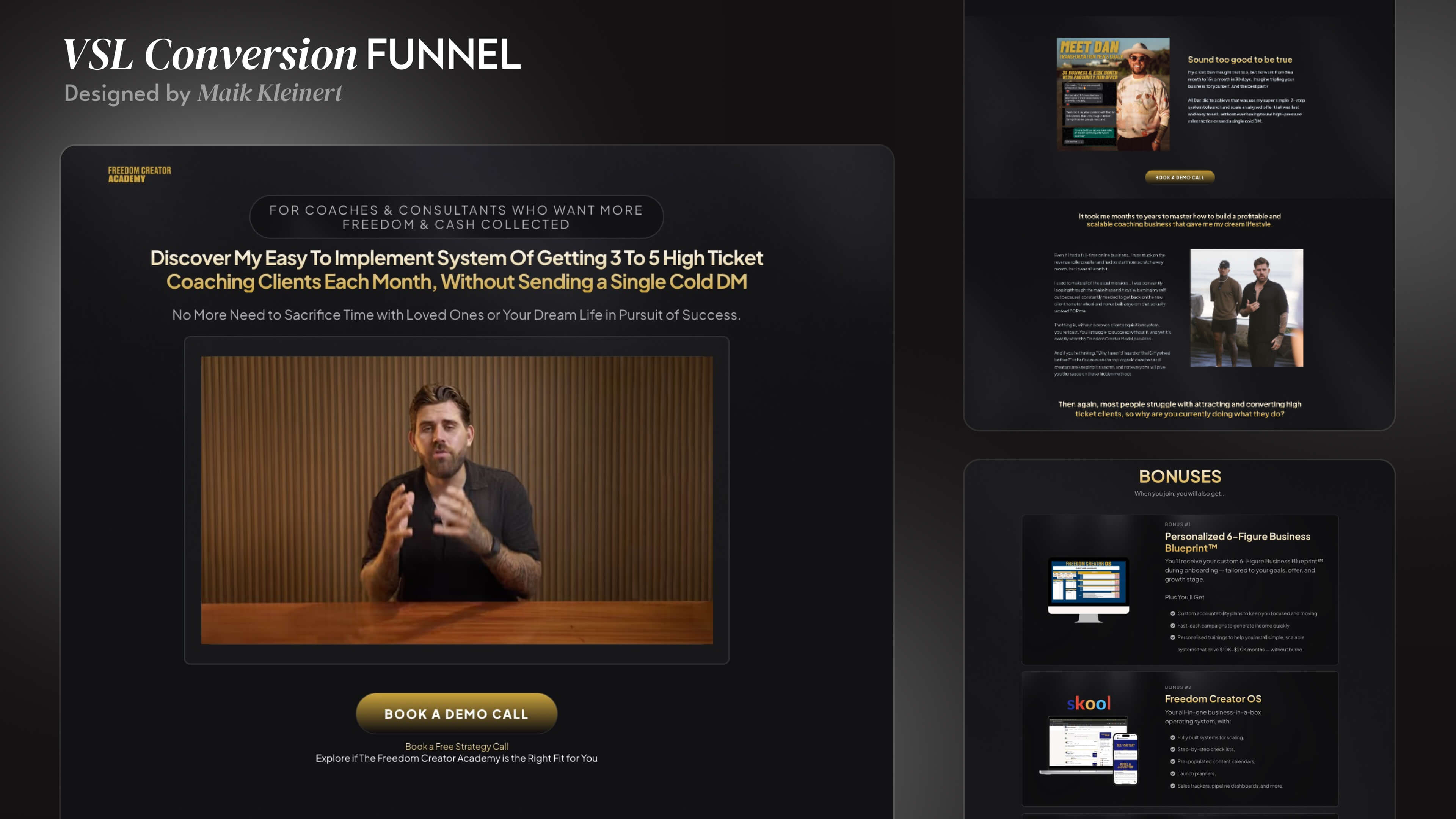 VSL conversion funnel landing page for high-ticket coaching showing video sales letter, headline for client acquisition system, demo call CTA, testimonials, and bonus offer stack designed to convert traffic into booked calls and paying clients