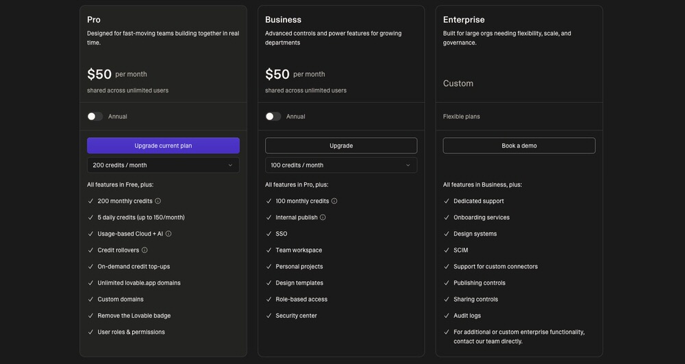 Lovable pricing plans comparison showing Pro, Business, and Enterprise tiers with features and monthly credits