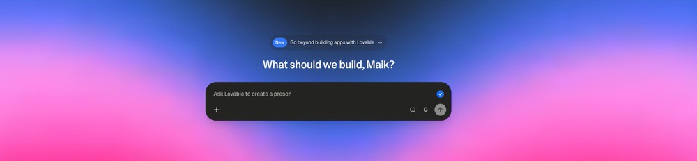 Lovable AI interface dashboard showing prompt input to build presentations and digital products
