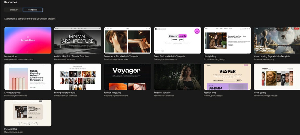 Lovable templates library featuring website templates, portfolios, ecommerce layouts, and landing pages