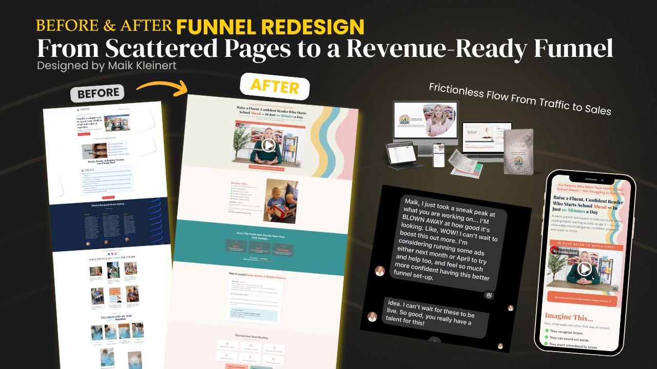 Before and after funnel redesign showing transformation from scattered website pages to a high-converting revenue-ready sales funnel with landing page, VSL, mobile optimization, and seamless traffic-to-sales flow by Maik Kleinert