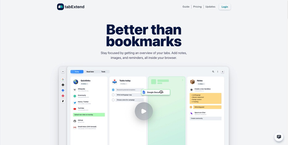 TabExtend interface showing organized tabs with notes, tasks, and quick links, demonstrating a structured browser workspace for productivity