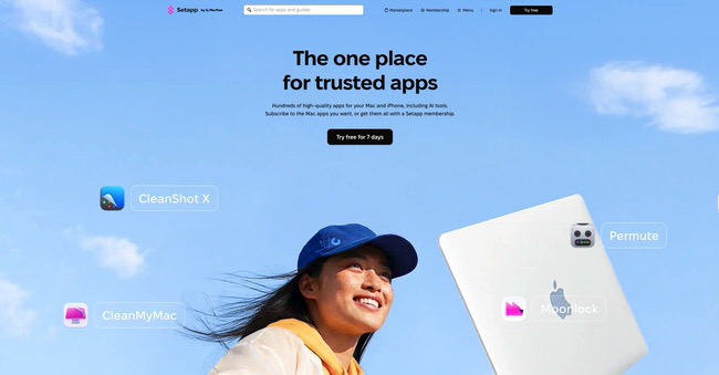 Setapp homepage showing Mac app subscription platform with trusted apps and free trial offer