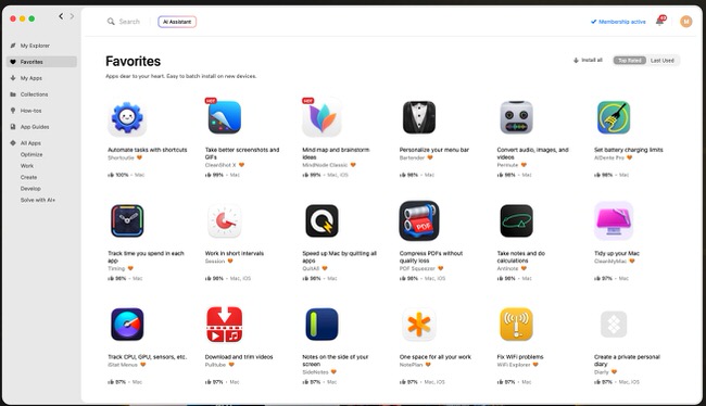 Setapp dashboard displaying favorite productivity apps including CleanShot X, MindNode, and automation tools