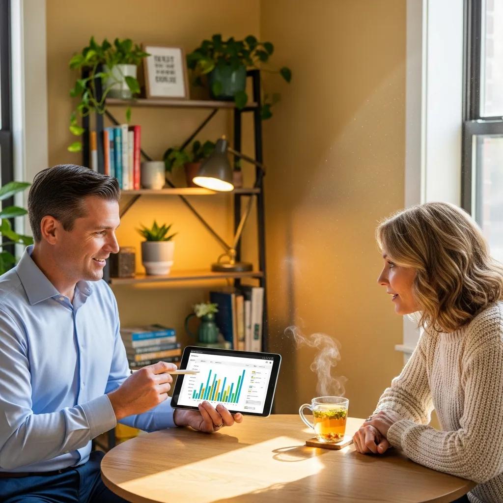 Wellness coach reviewing health information with a client in a warm office