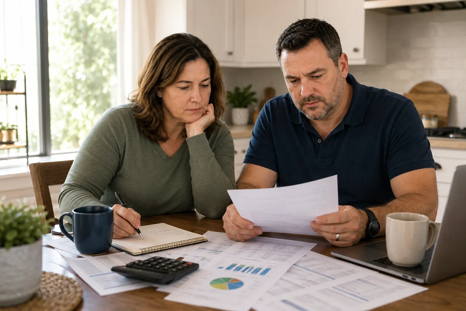 Couple in their 40s reviewing retirement finances and creating a late-start retirement plan at their kitchen table.