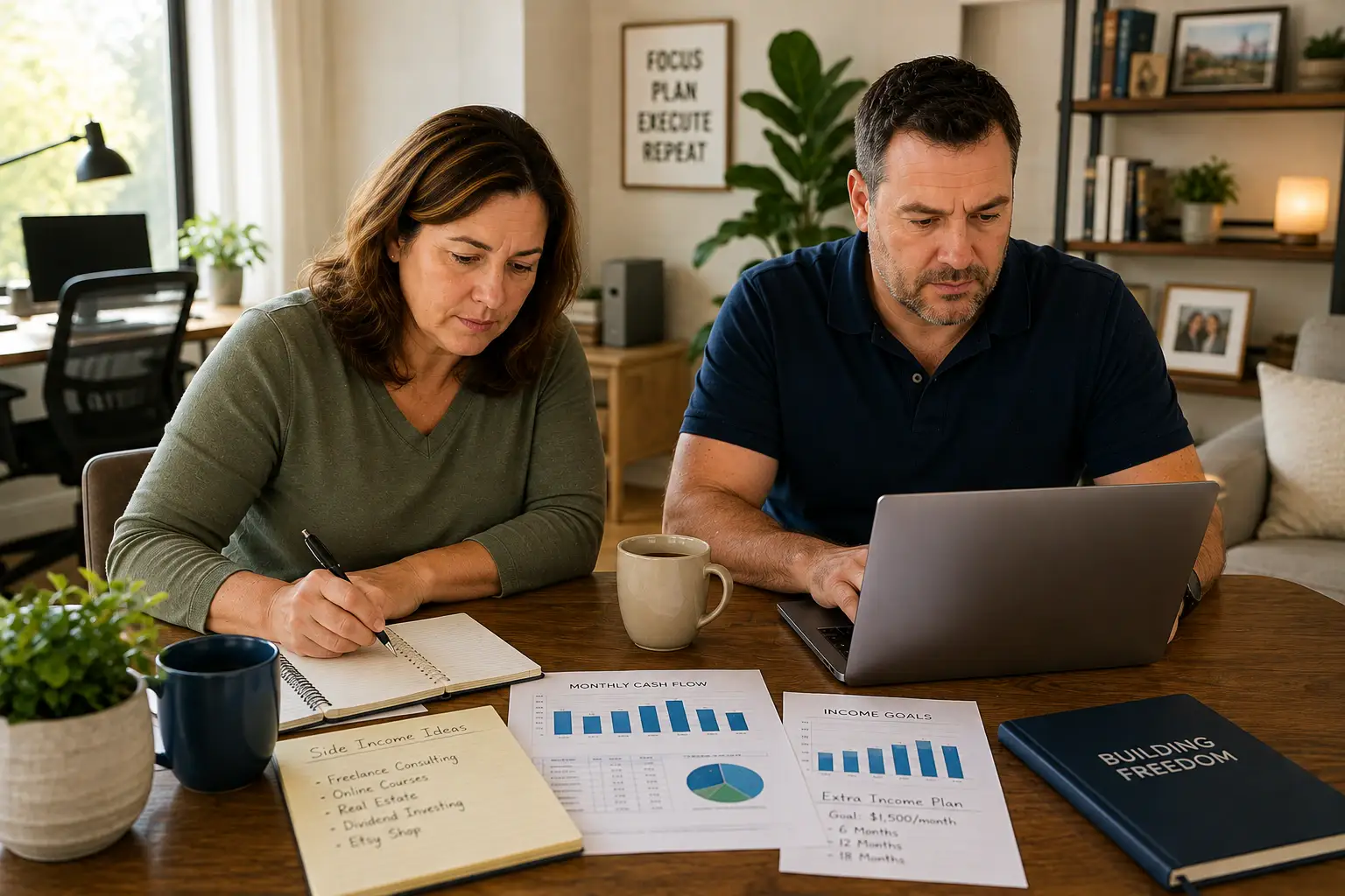 Couple in their 40s reviewing retirement account statements, budget documents, and financial paperwork at home.