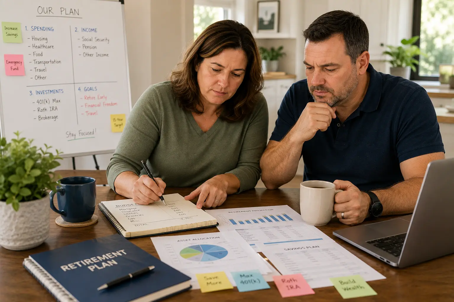 Married couple in their 40s creating a retirement savings plan with budgeting worksheets, investment goals, and financial planning documents.
