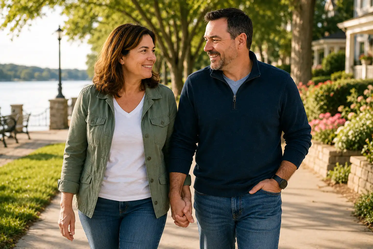 Happy couple in their 40s walking together outdoors after building a long-term retirement plan and financial future.