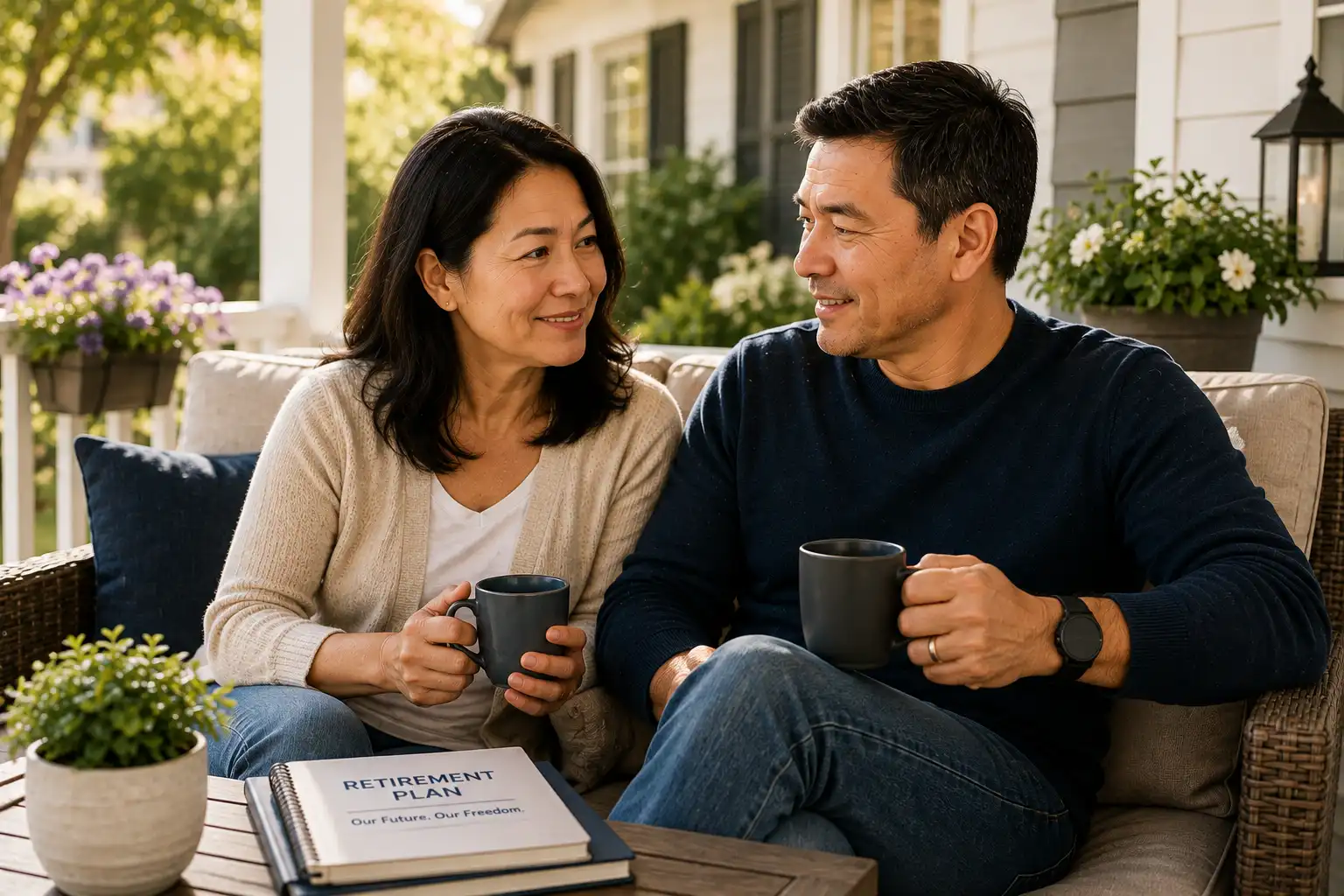Asian couple in their 40s relaxing together on a sunny front porch after building a long-term retirement plan.