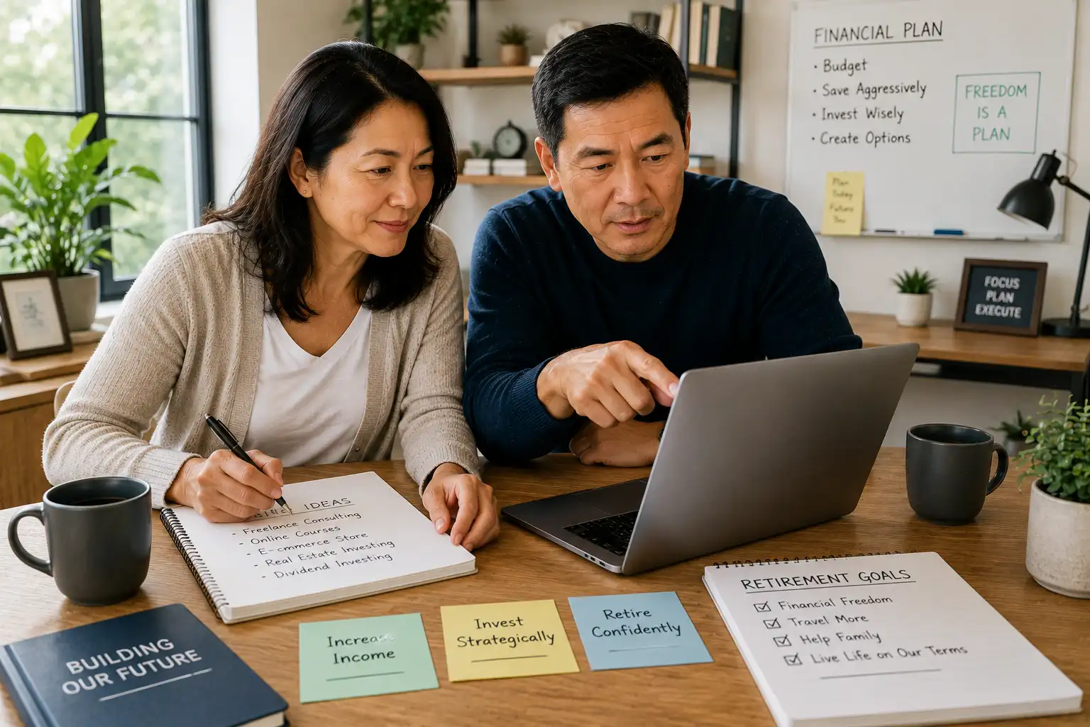 Asian couple working together on additional income ideas and retirement planning in a modern home office.