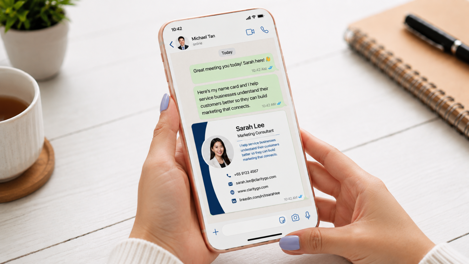 Digital name card and positioning statement shared through WhatsApp for networking follow-up Digital name card and positioning statement shared through WhatsApp for networking follow-up